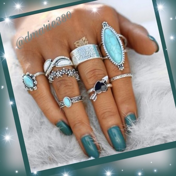 Antique Sliver Turquoise stackable ring 8pc set - Picture 4 of 4